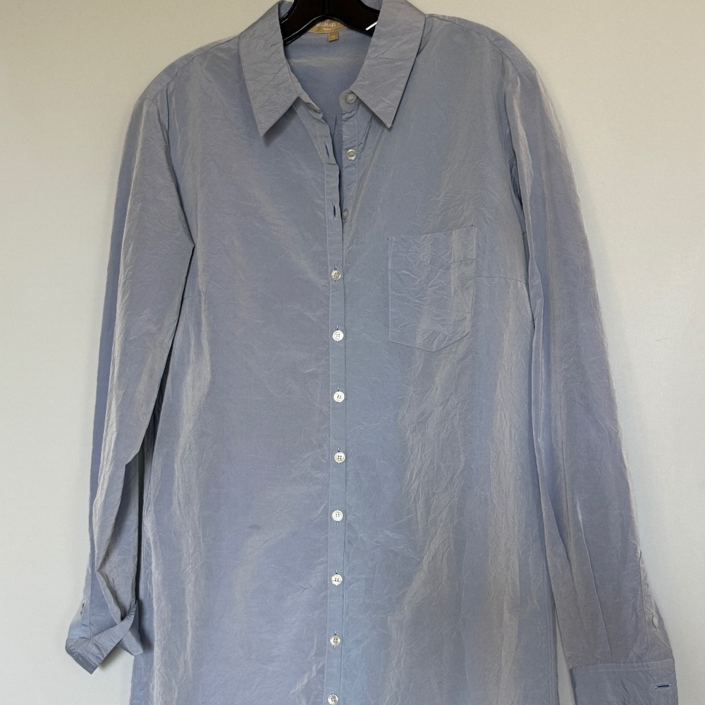 Michael Koss Crushed Shirtdress Silver Blue Shirt Dress Size 14